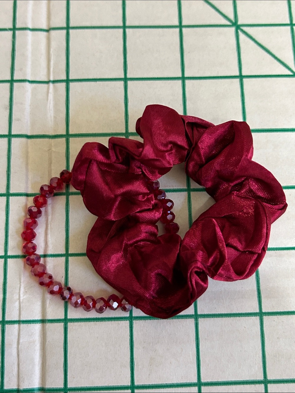 Silk-Feel Burgundy Scrunchie & Beaded Bracelet Set